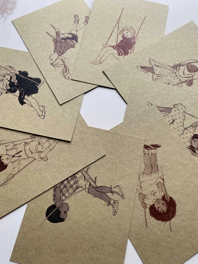 8 kraft postcards with drawings of vintage style children sat on swings postcards are A6 in size and made from kraft card