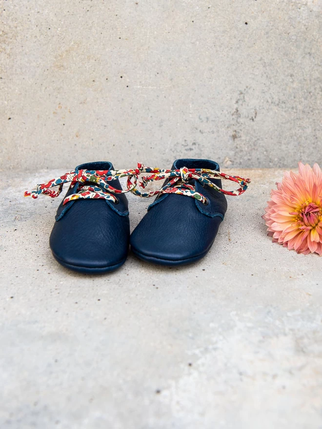 Ink Blue Leather Baby Shoes with Liberty Print Laces