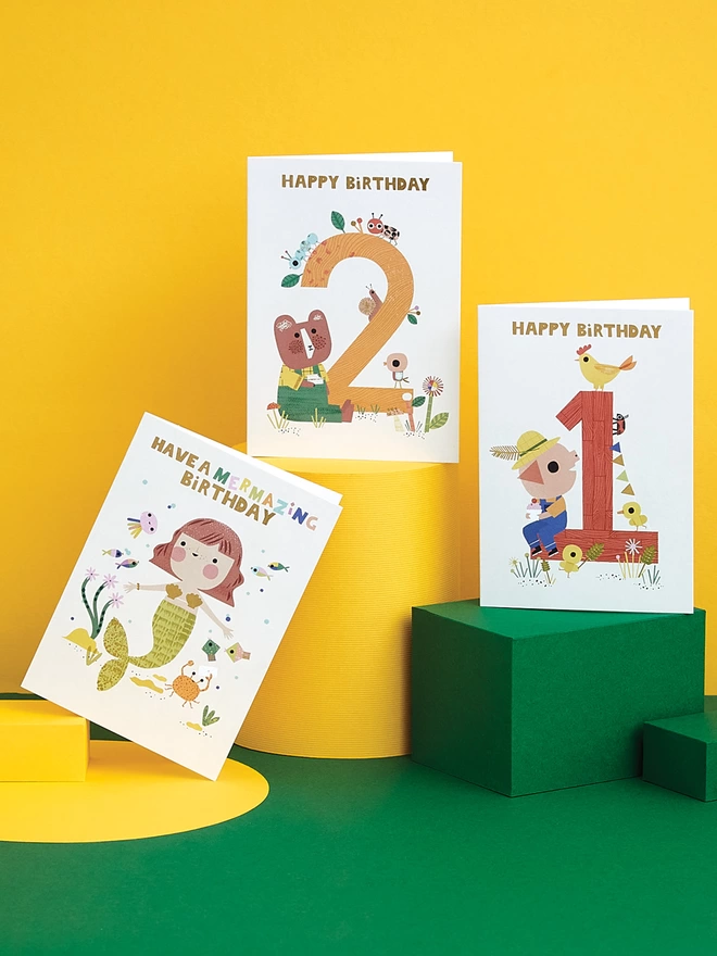 A trio of vibrant children’s birthday cards from the Raspberry Blossom ‘Fantabulous’ greeting card collection