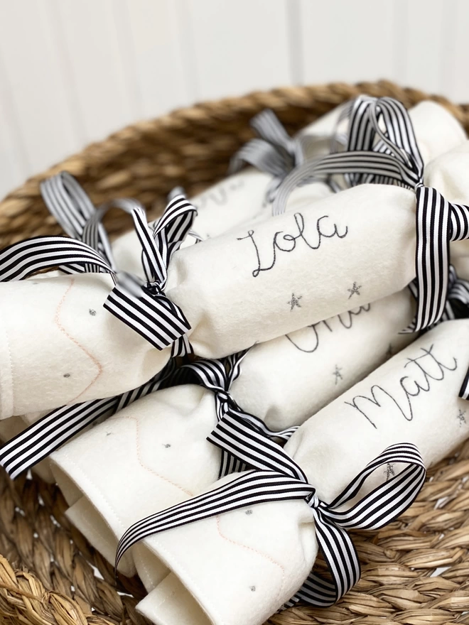 Personalised Christmas Crackers in a basket