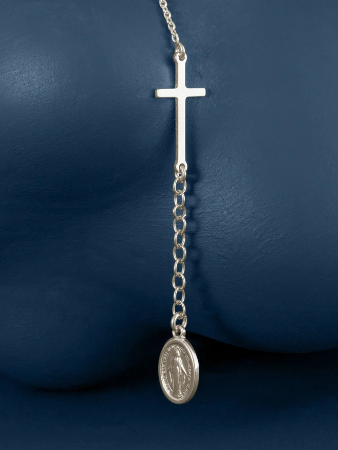 Silver Rosary Bead Chain Bracelet close up