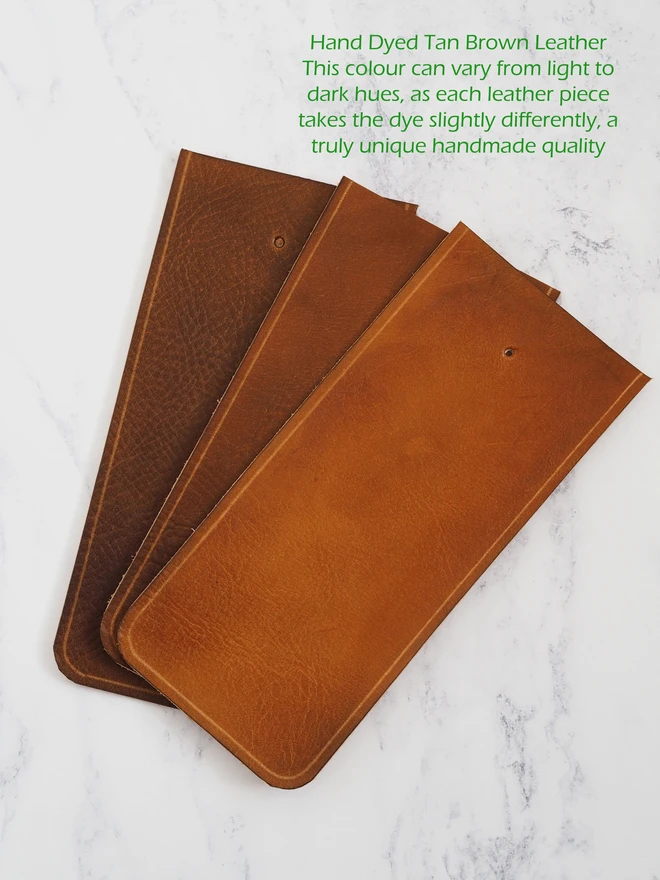 Hand dyed tan brown leather hues. A range of brown colours shown from dark to light.