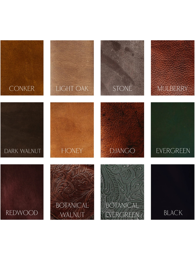 mystery make your own leather journal kit. a grid of colour examples.