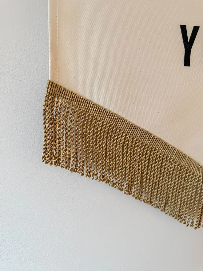 It Was Always You Valentines fabric banner with pink tassels and gold bullion fringe trim