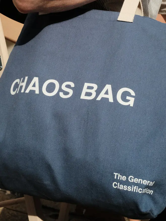 'Chaos' Tote Bag, being worn. 