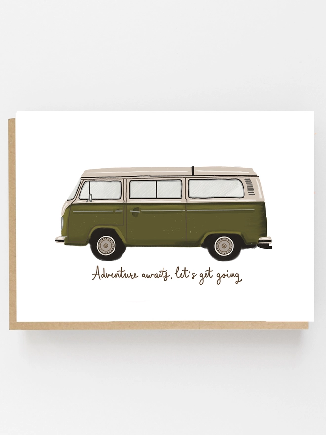 adventure awaits green vw campervan card