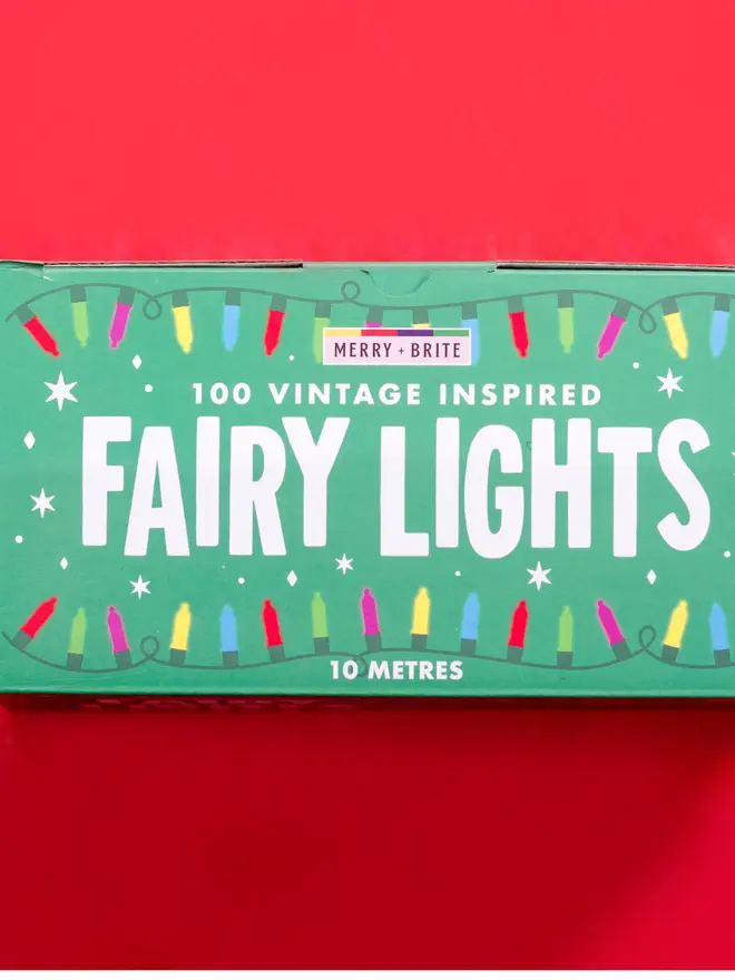 100 Vintage Style fairy lights in a green box with a red background