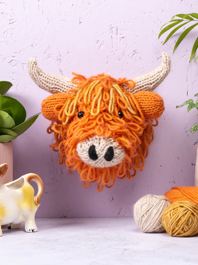 Mini Highland Cow Head Knit Kit. An orange highland cow head with wool.