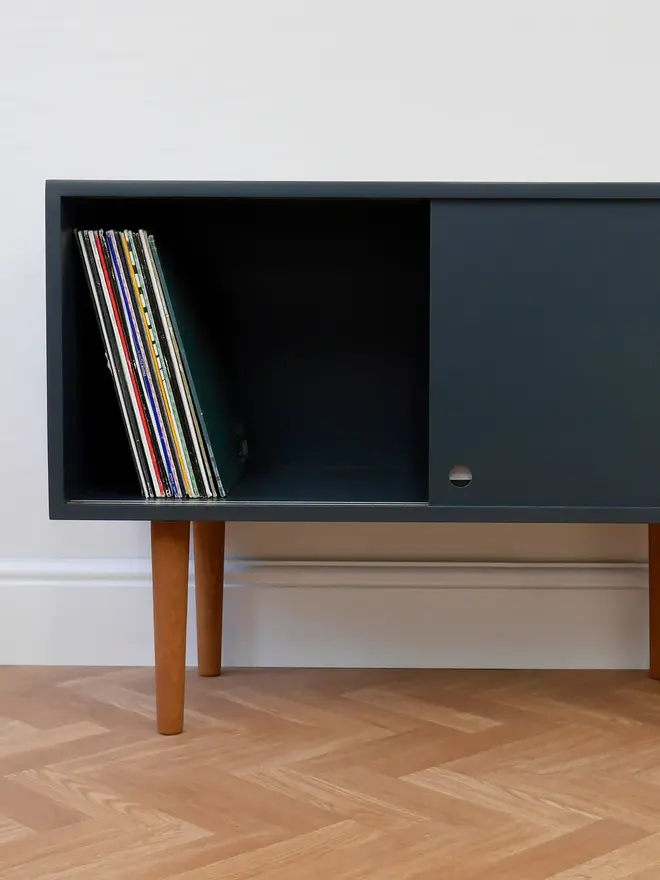 Mid Century Navy Vinyl Storage With Retro Pattern