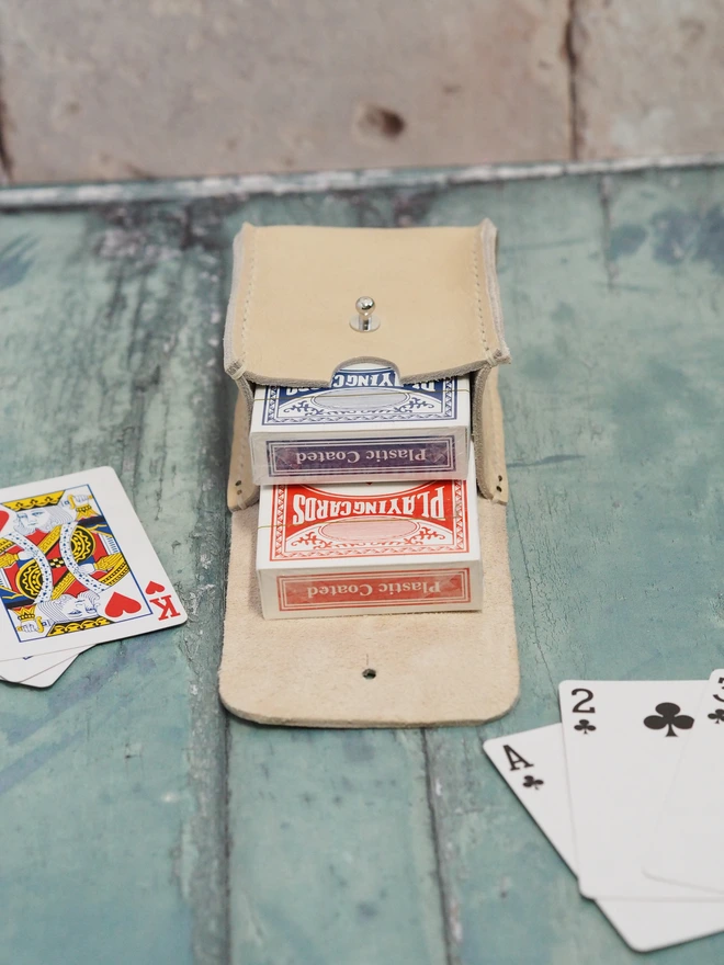 Personalised Leather Double Deck Playing Card Holder. A natural cream leather case carrying two packs of playing cards for double the fun