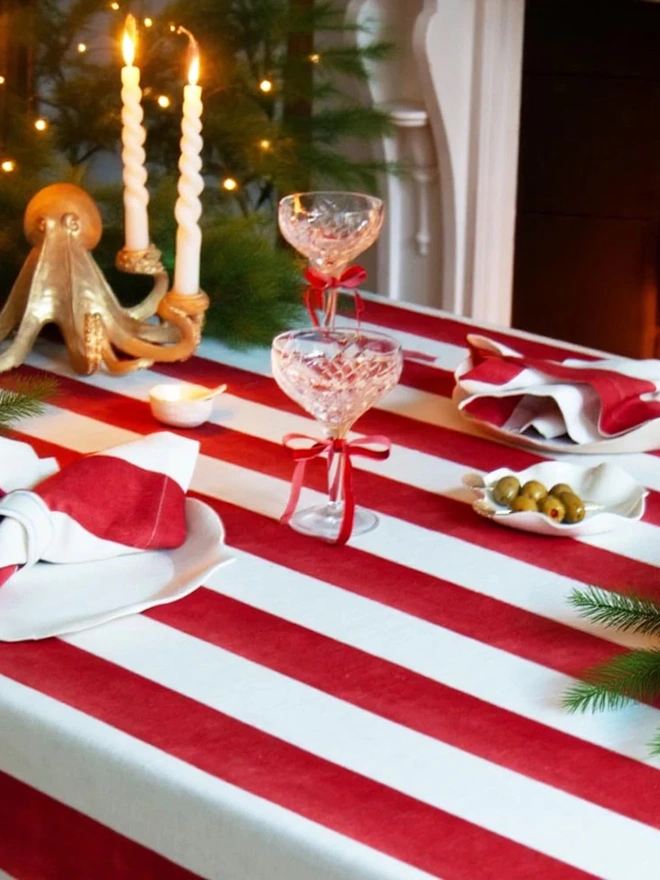 Riviera Candy Cane Red Striped Cotton Tablecloth Ruffle