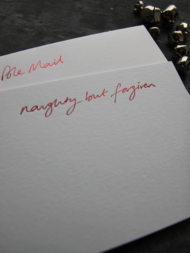 Christmas notecard from Santa that has a tick box for Naughty But Forgiven in red foil with an envelope that says North Pole Mail
