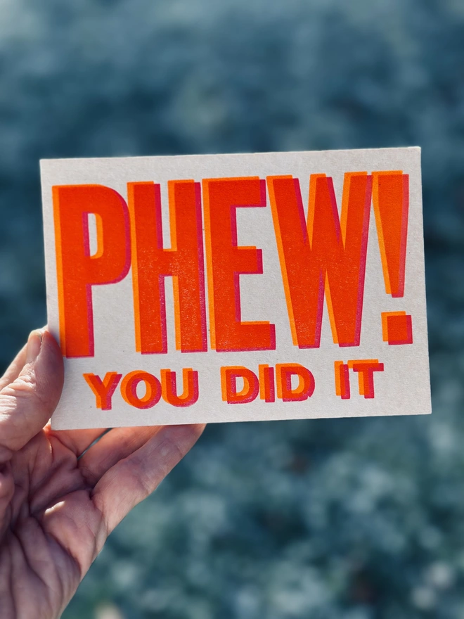 Phew! Letterpress Congratulations postcard, in hand