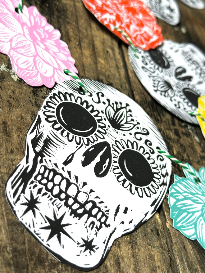 Skull 'Day Of The Dead' Hand Printed Linocut Garland 