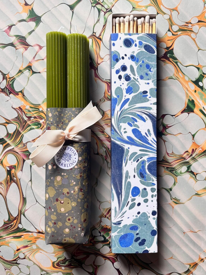 Scalloped Candles & Long Matchbox. Candles in fern.