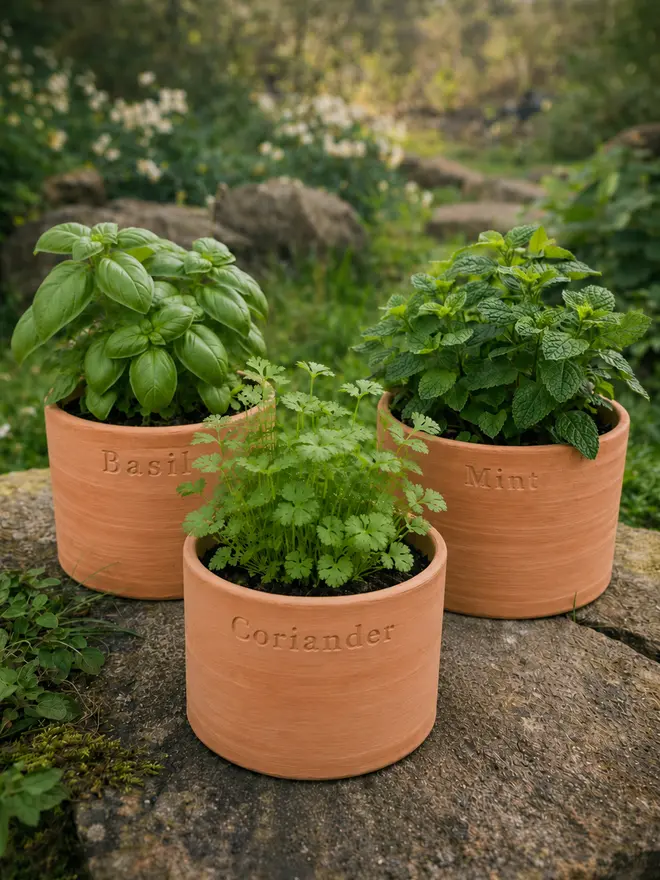 Three hand-thrown terracotta herb pots stamped Basil, Mint and Coriander, lined up beside a flagstone path in a lush English garden.