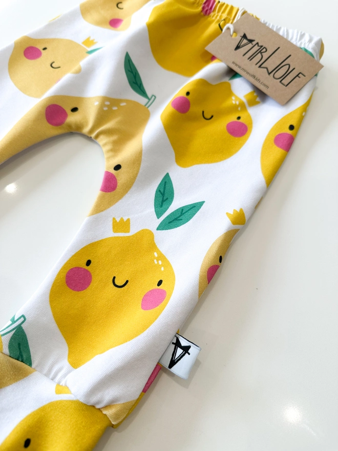 smiley lemons print leggings, t-shirt, shorties for babies, toddlers, kids