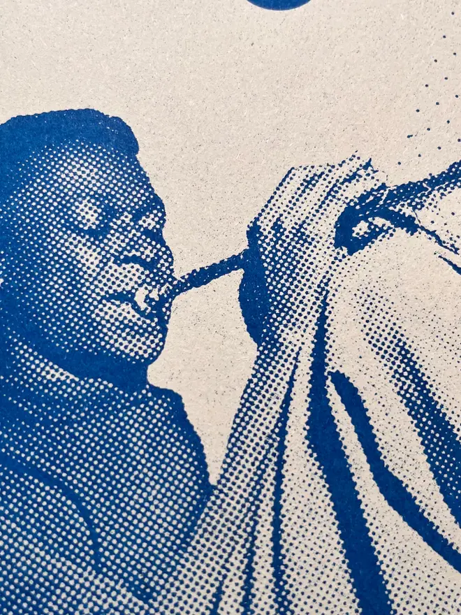 'Miles Davis' Kind Of Blue Risograph Print Jazz Poster, close up. 