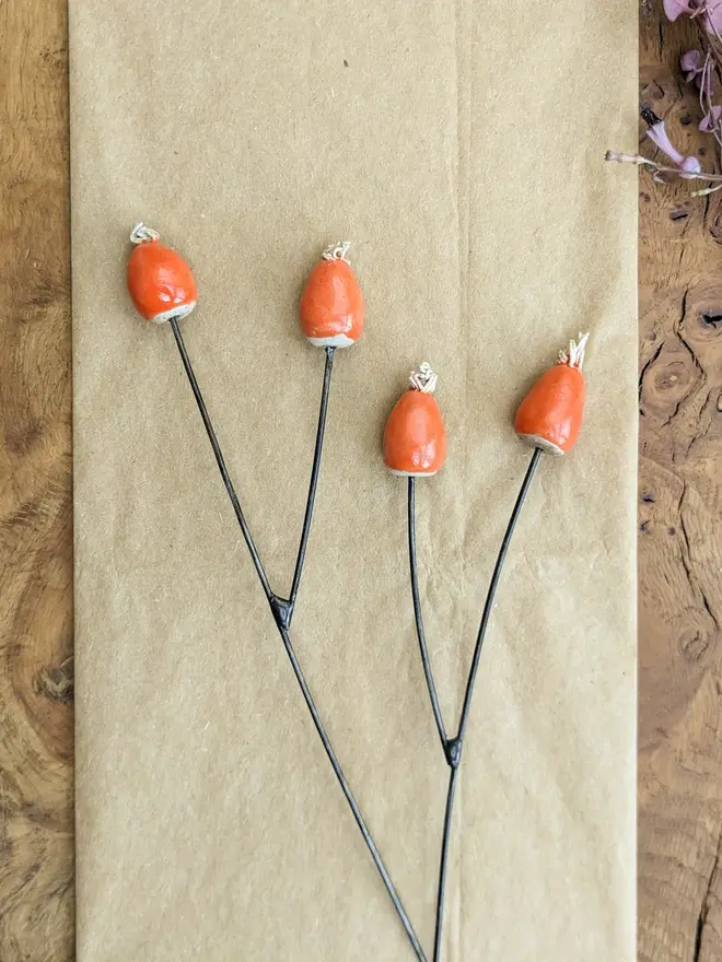 Ceramic Rosehip Flowers (Set Of 2 Stems 4 Berries)