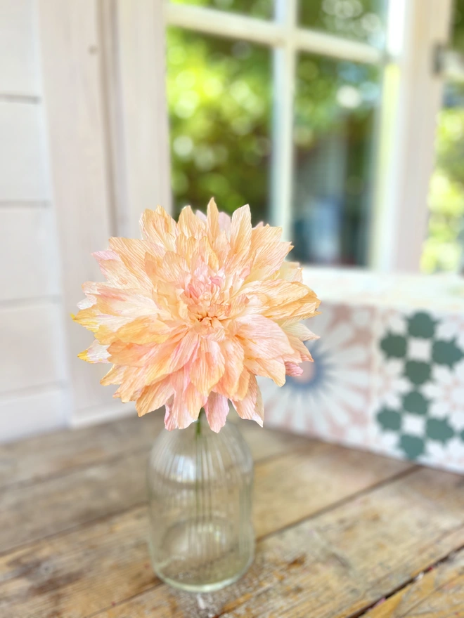 Soft Pink & Orange Dahlia Crepe Paper Flower glass bottle vase