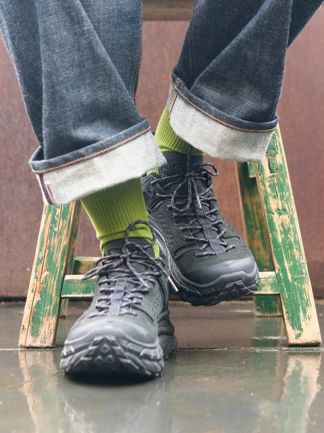 Green organic fine rib socks 