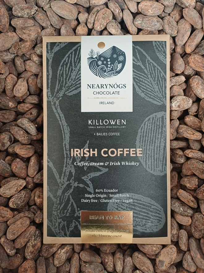 Irish Coffee Bar, a chocolate bar sitting on a backdrop of nuts. 