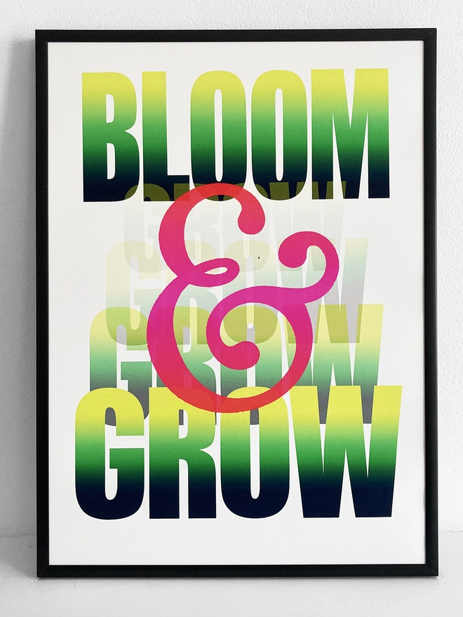 Framed multicoloured typographic print of “Bloom & Grow”