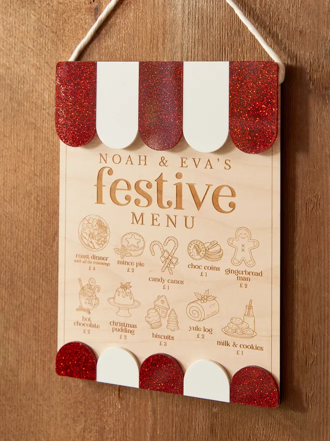 Personalised Wooden Christmas Play Menu. A Christmas menu in red glitter.