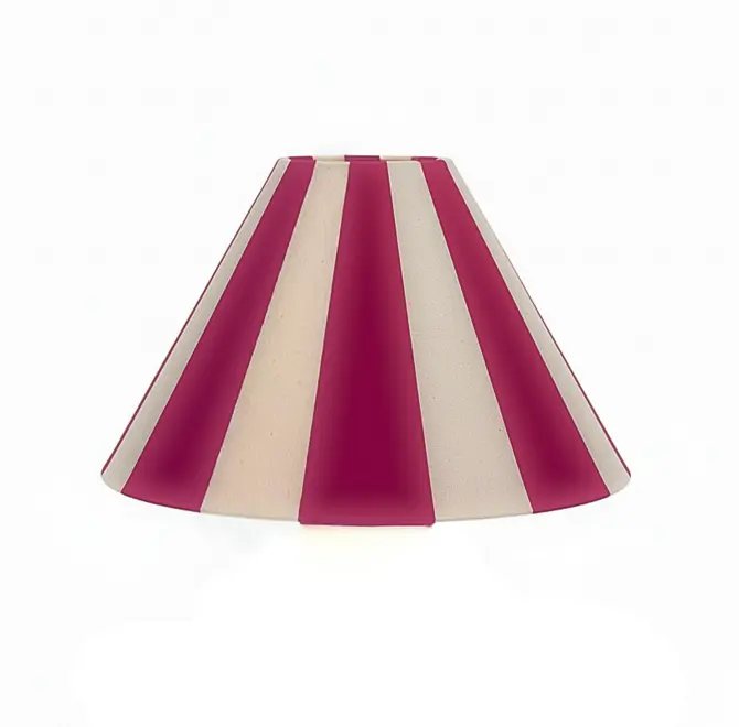 Hand Painted Upcycled Striped Large Drum Lampshade, a burgandy striped lampshade sitting against a white background. 
