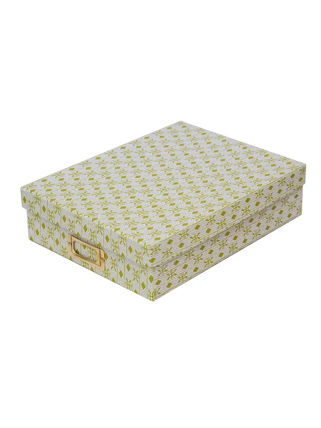 Tijan Lidded Portfolio Box, a colourful portfolio box sitting on a plain surface. 