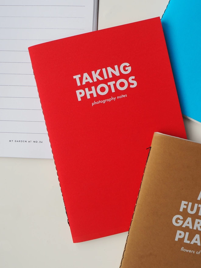 a pocket notebook with the text taking photos on the front