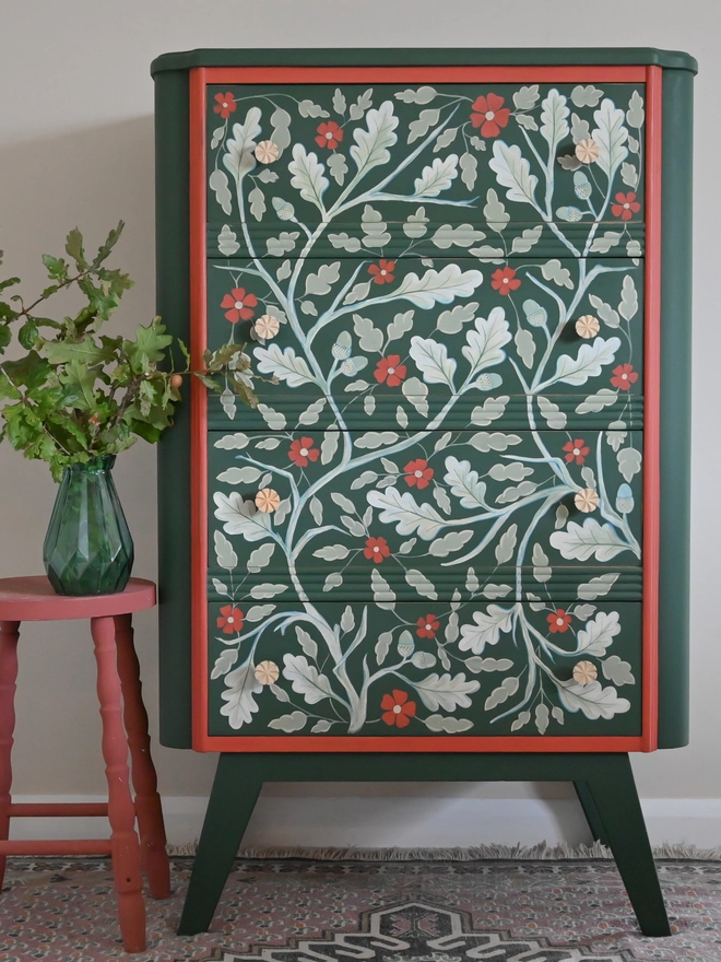 Vintage Oak And Floral Chest Of Draws