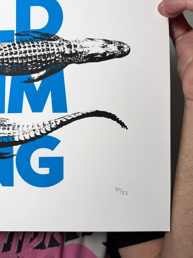 A humorous limited edition A3 screen printed poster. Featuring black alligators over blue 'wild swimming' typography. Showing hand numbering.