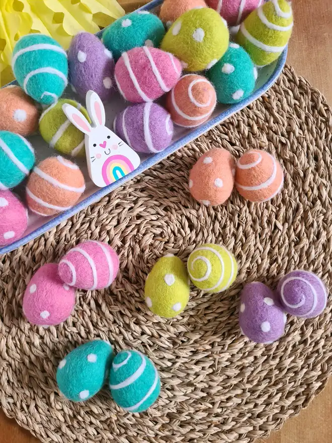 pink, peach, lime green turquoise, lilac felted  Easter eggs