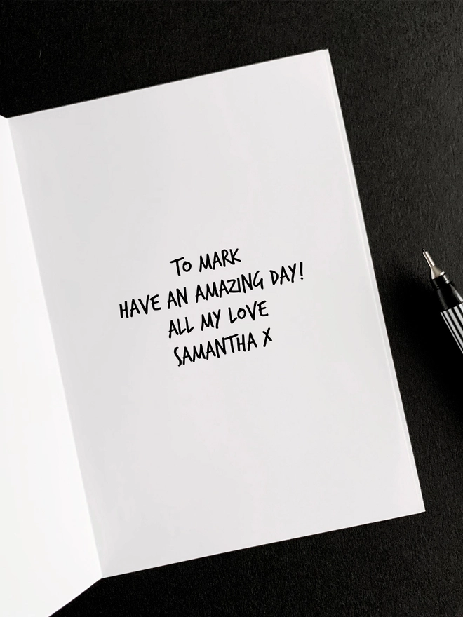 Inside of card with handwritten-style personalised message, blank for your own words.