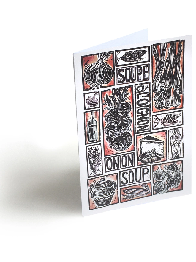 French onion soup greetings card illustrated recipe cooking instructions lino cut kate guy