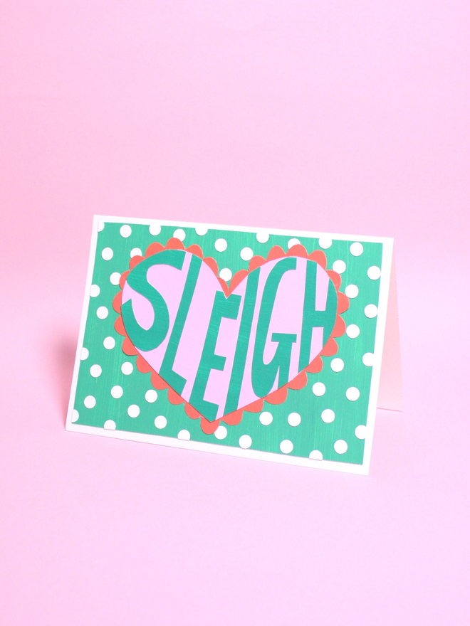 Collaged Christmas Card Sleigh Green, Red and Pink