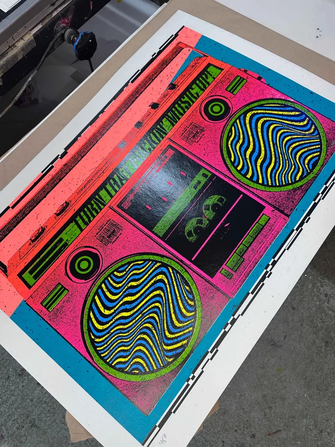 retro 1980s boom box screenprint closeup