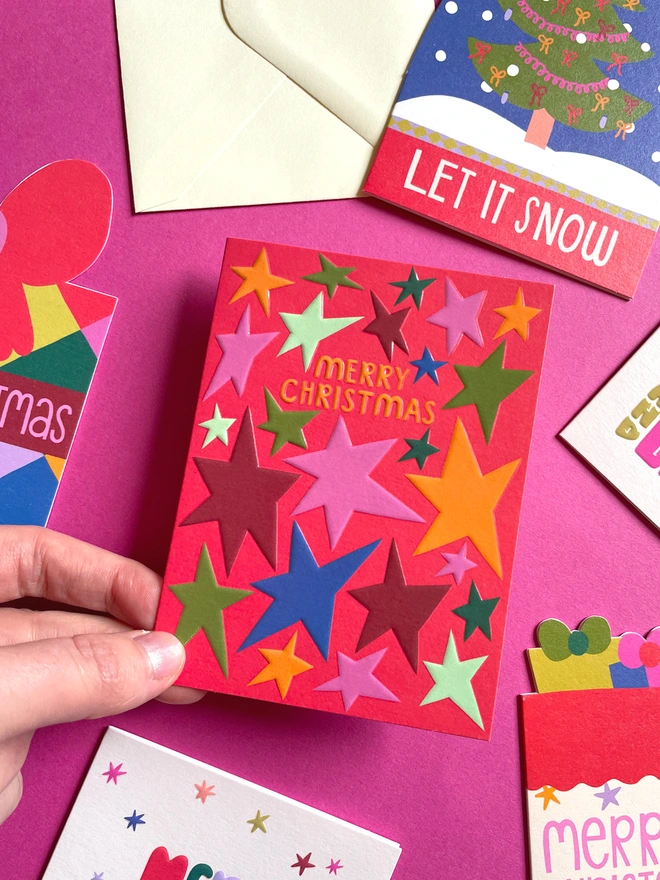 Cute Mini Chrstmas Card With Colourful Star Pattern ‘Merry Christmas’ | Raspberry Blossom