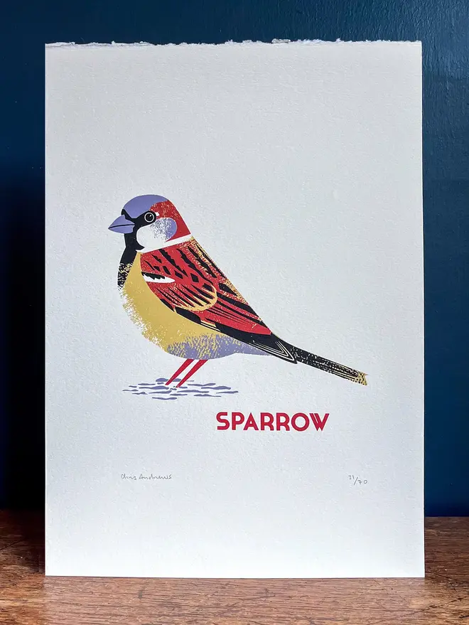 illustrated sparrow print. sparrow print propped up against navy blue wall background.
