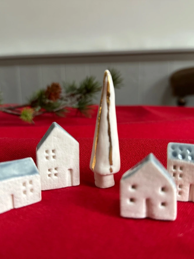 Christmas ceramic house set village scene with tree