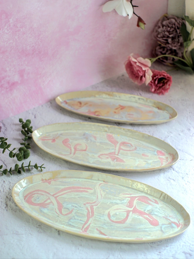 platter, ceramic platter, oval platter, serving dish, serving plate, pink serving dish, Jenny Hopps Pottery