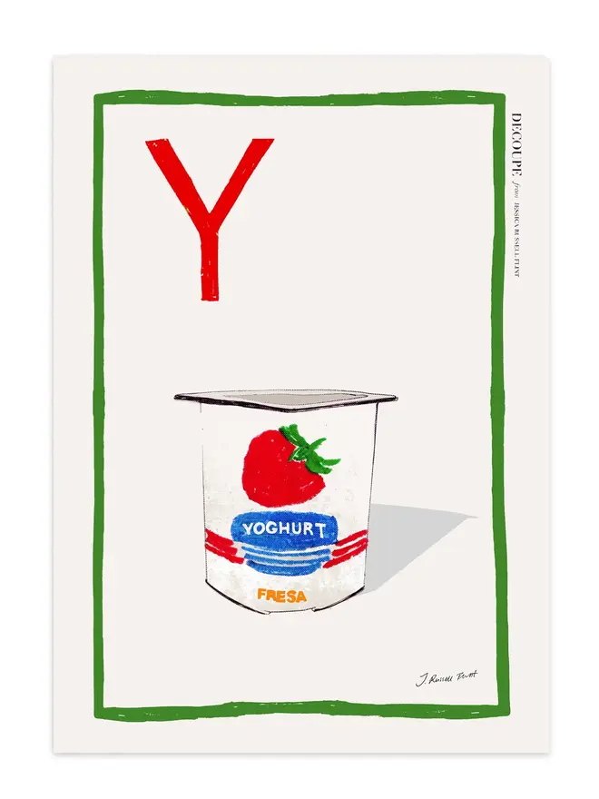 signed a-z alphabet prints. yoghurt print with the letter 'y' in the corner.