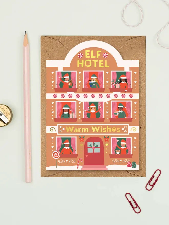 'Elf Hotel Warm Wishes' Gingerbread Christmas Card