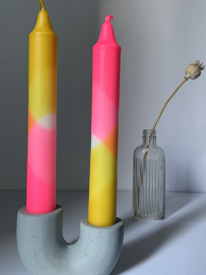 Neon Pink & Mustard Yellow Dinner Candles (Set Of 2)