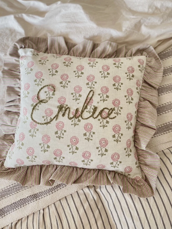 Floral custom name hand embroidered nursery baby pillow 