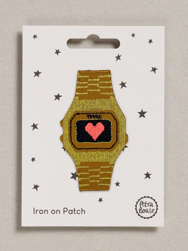 Retro digital watch embroidered iron on patch.