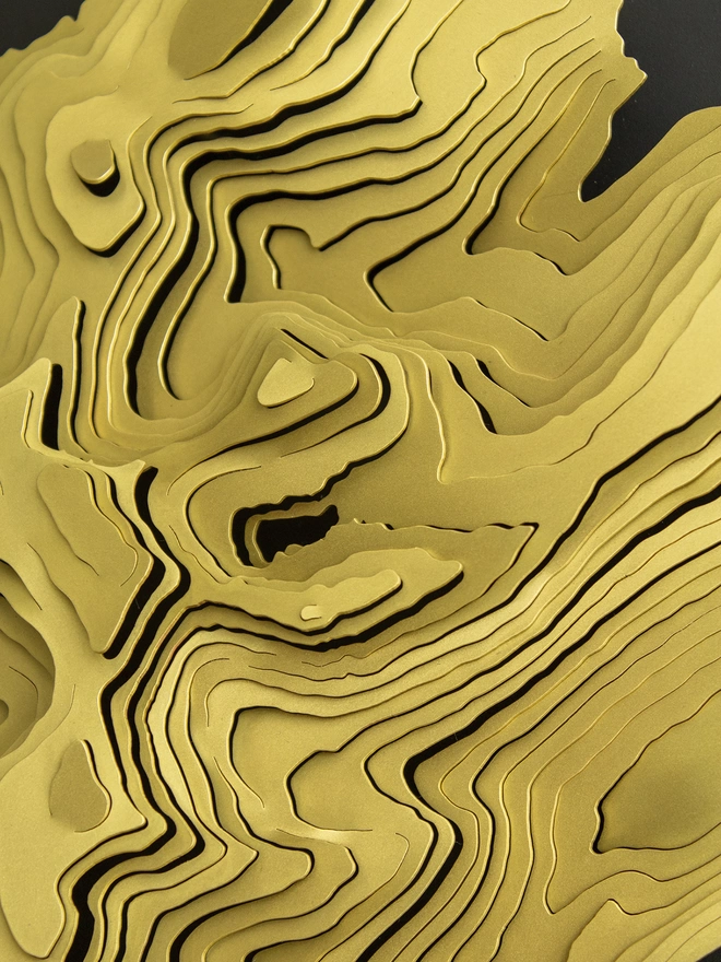 Close up detail of a brass contour map with a cut-out lake.