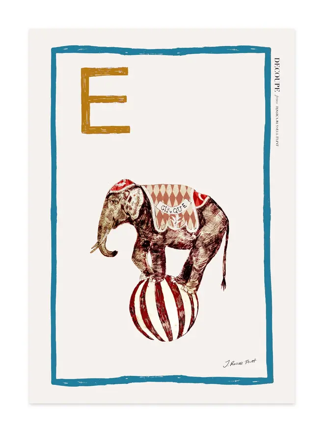 signed a-z alphabet prints. elephant print with the letter 'e' in the corner.