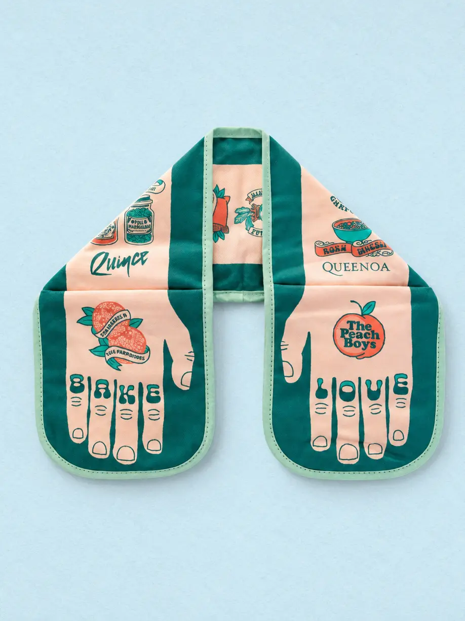  Bake Love Double Oven Glove, against a blue background. 